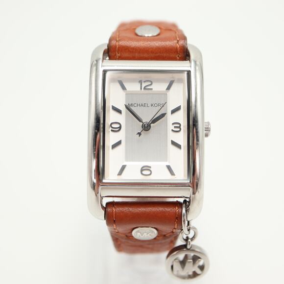 Michael Kors Taylor Tank 26mm Silver Tone Watch Brown Leather w New Battery main image 4